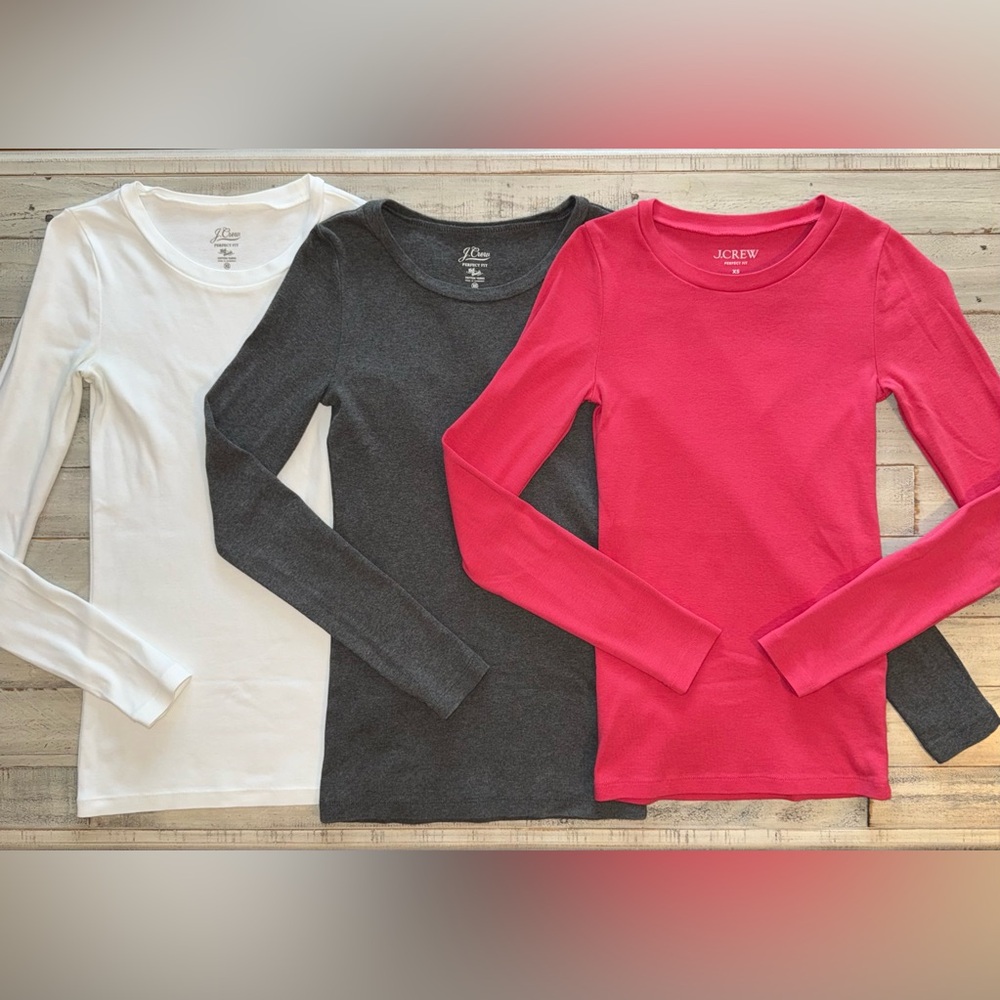 J Crew Perfect T lot of 3 long sleeve shirts women’s XS all EUC black,gray,pink